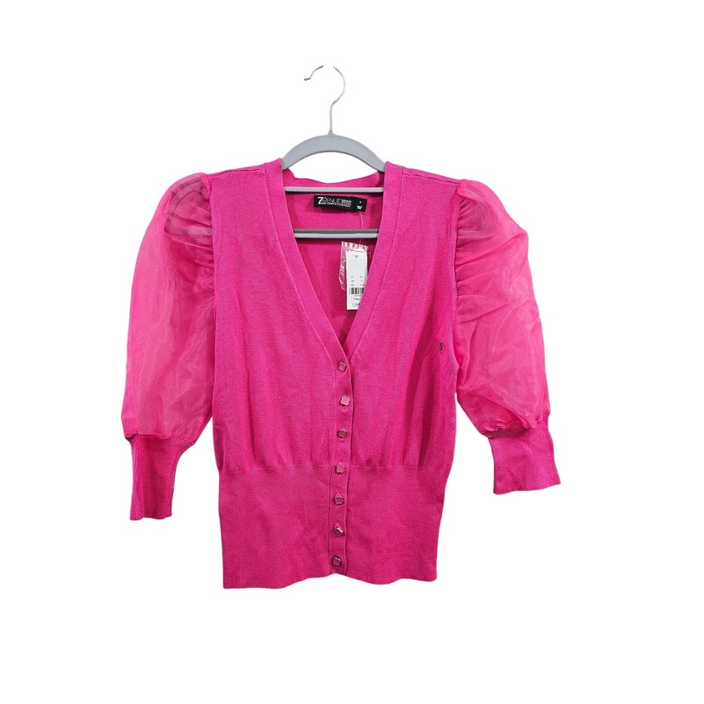 NEW YORK & COMPANY 7th Avenue Pink Sheer Puff Sleeve Cardigan Sweater Size S NEW